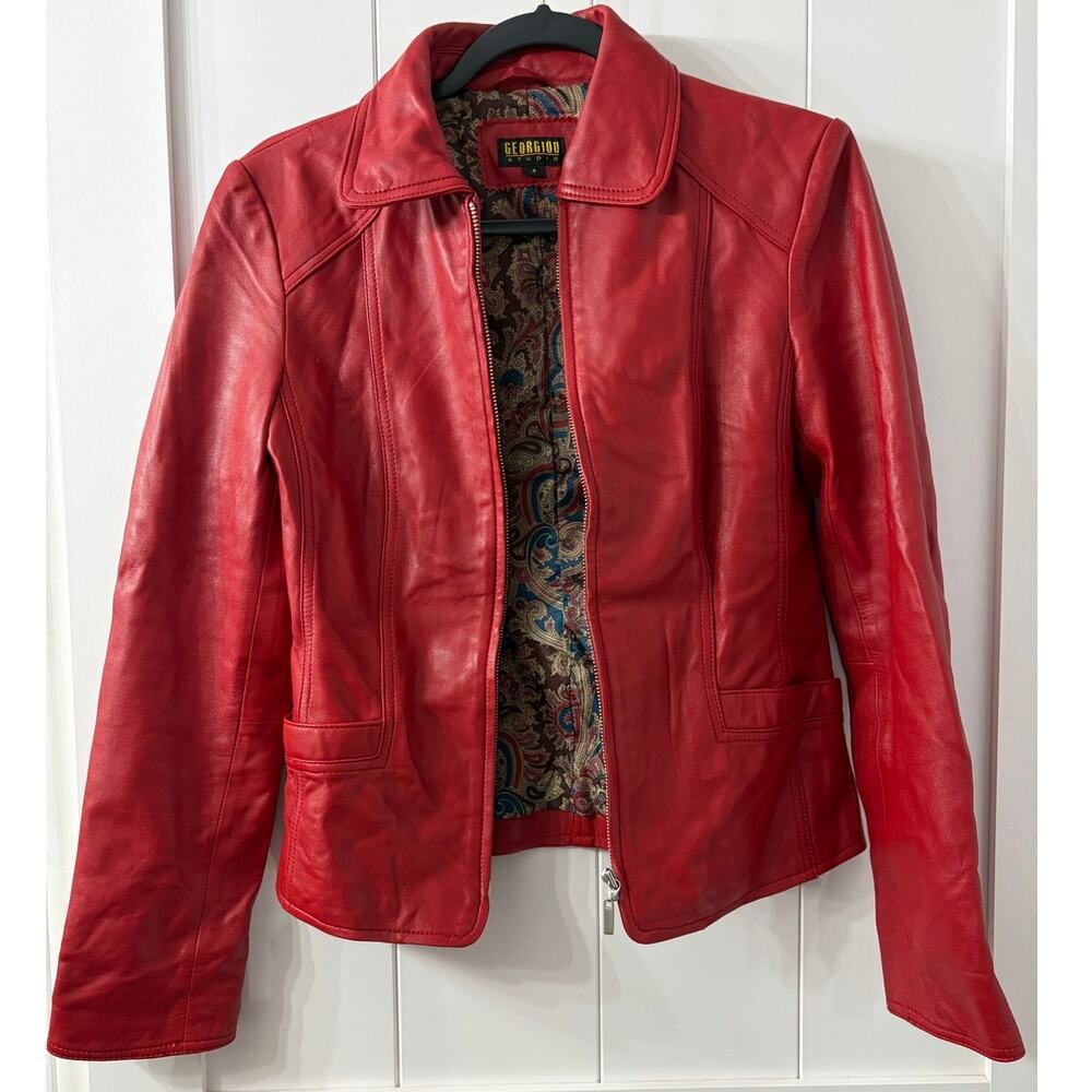 Georgiou Studio women’s sz 4 red leather gold zip-up jacket EUC vintage VTG